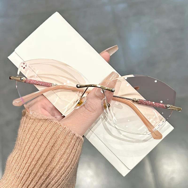 Cat Eye Frameless Diamond Reading Glasses Butterfly Pink Gradient Presbyopic Glasses Glitter Rhinestone Readers For Women