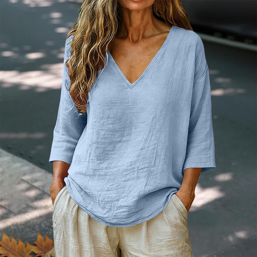 Women's Fashionable Loose-Fit -Color Cotton-Linen V-Neck Casual Blouse
