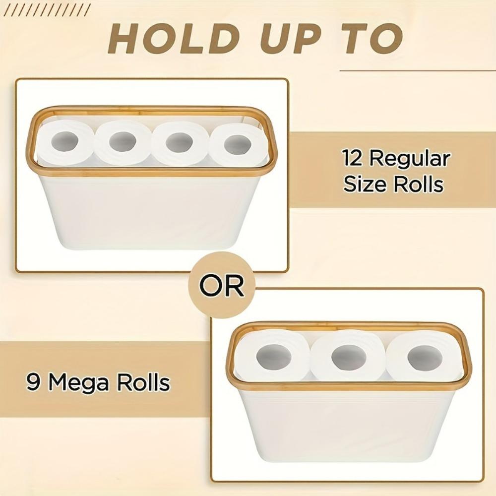 Kosz na papier toaletowy z bambusa z pokrywką – duża pojemność, mieści 9 rolek, stylowy organizer łazienkowy z drewnianymi listwami i metalową ramą