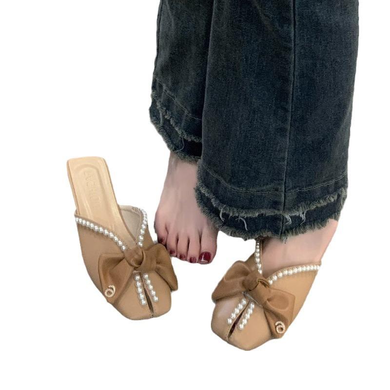 Baotou Half Slippers Women's Summer Outer Wear New Year's New Korean Version Bow Pearl Flat Bottom Soft Bottom Fish Mouth Sandals