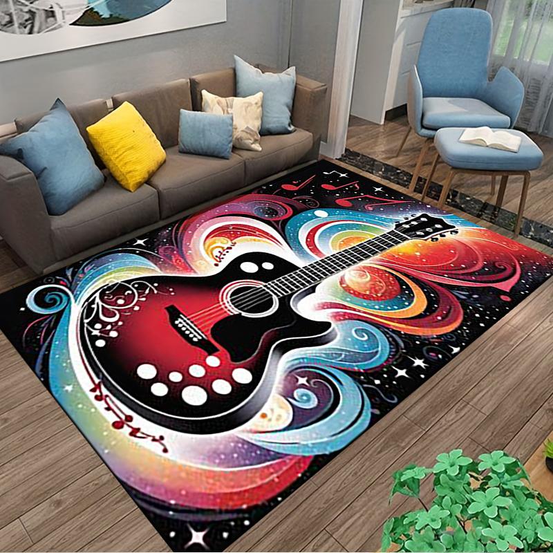 Colorful Guitar Design Carpet with Music Notes and Swirling Pattern Suitable for use as an anti-slip for living room bedroom sofas