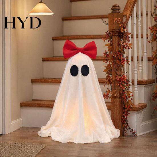 Living Room Halloween Decor LED Ghost Decoration, Pink Bow Tabletop Ornament, Soft With Warm Lights Fabric Haunted House with Glow for Home Round Eyes