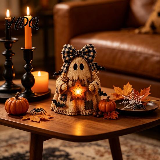 Desktop Decorative Statues Wooden Halloween Figurine with Lantern Pumpkin Scarecrow Skeleton Mummy Ghost Witch Gift for Kids Statue Rustic Farmhouse