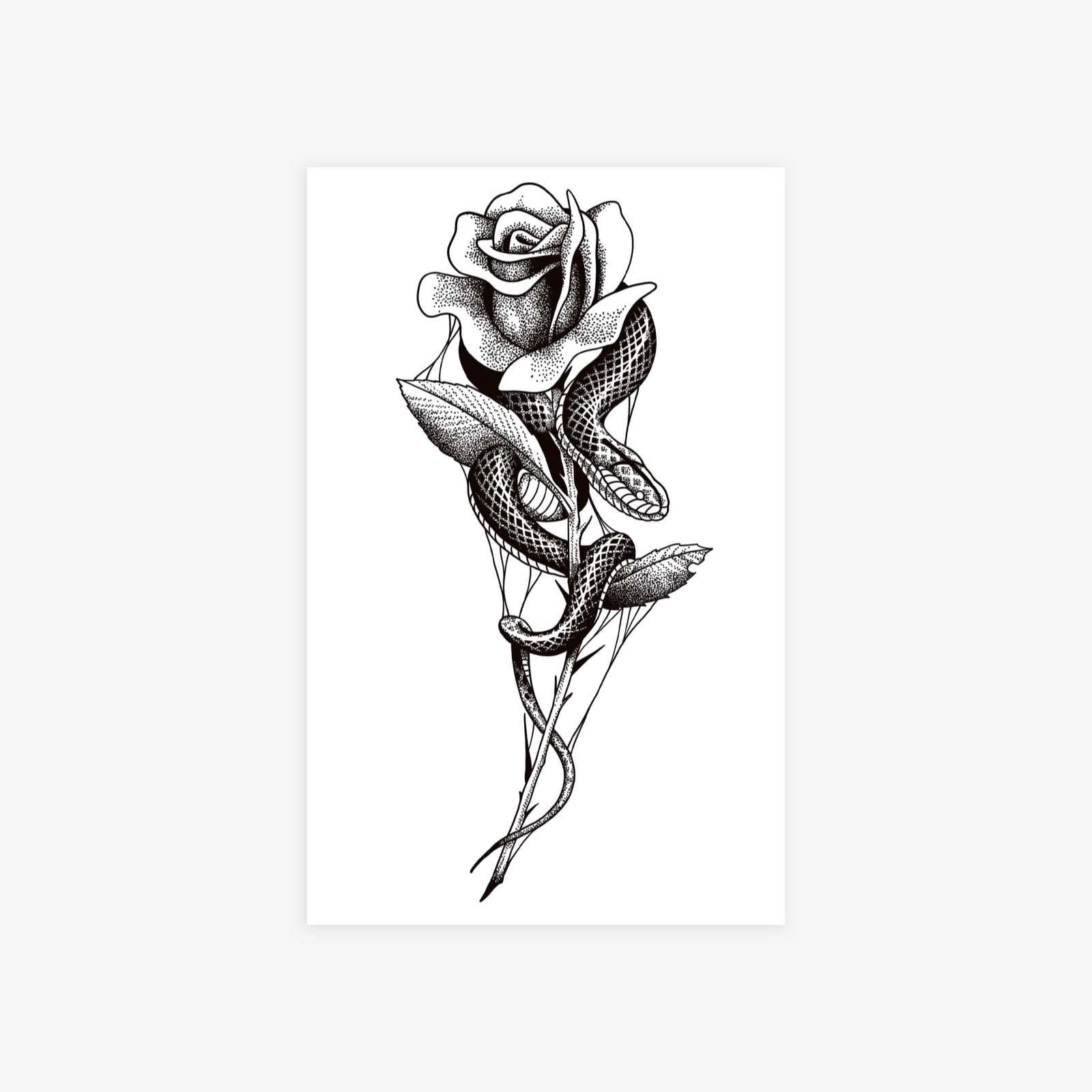 Dark Domineering Tattoo Sticker Waterproof Men And Women Lasting Goth Wind Snake Wrapped Rose Tattoo Sticker 12*19