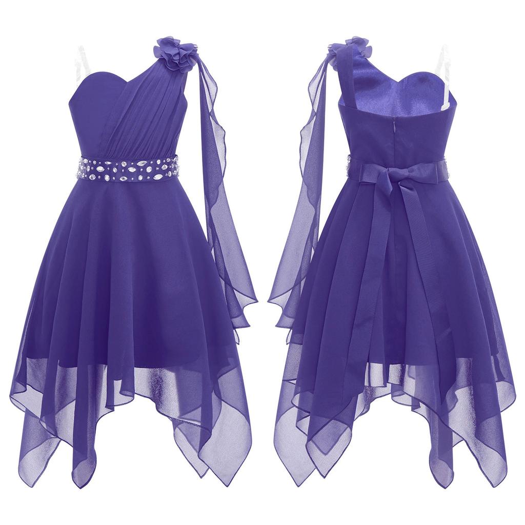 Girls One Shoulder Sleeveless Flower Girl Dress Kids Ruched Applique Pageant Wedding Bridesmaid Dresses