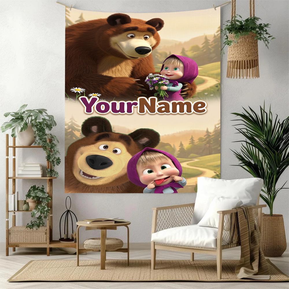 Masha Bear Custom Your Name Wall Decor Tapestry Art For Pet Memorial Birthdaywedding Party Backdrop Family Gift