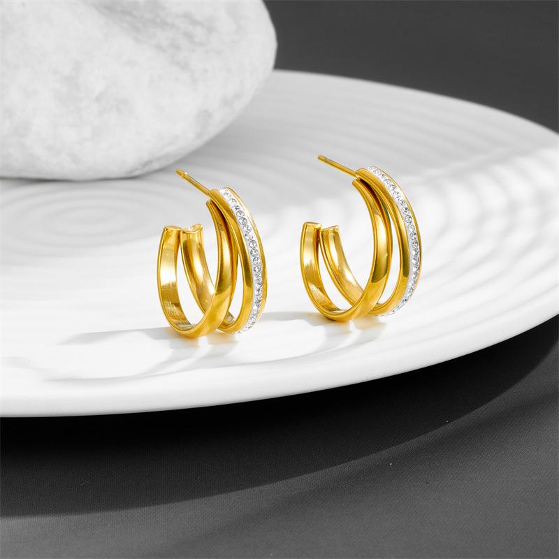 Elegant C-Shaped Titanium Steel Stud Earrings with Diamonds