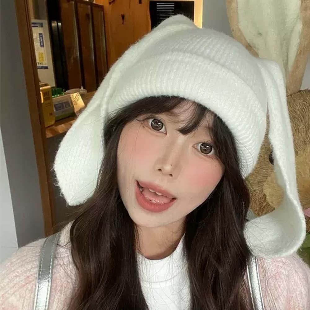 Korean Style Rabbit Ears Cap Trendy Brimless Beanie Hat Personality Bunny Pullover Cap  Outdoor