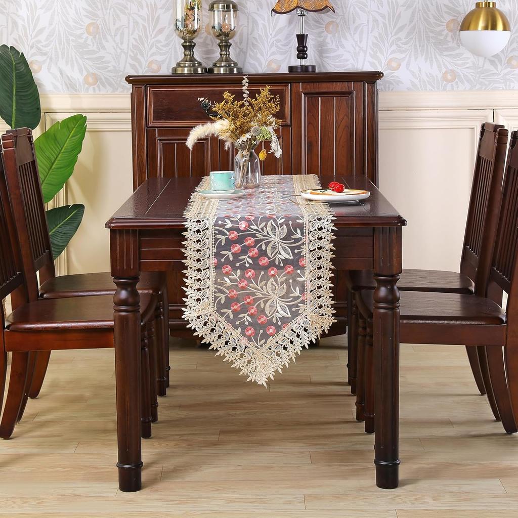Lace Table Runner Floral Embroidery Fabric Rustic Table Runners Elegant Chic Table Transparent Cover for Home Dining Room Tabletop Decor Wedding