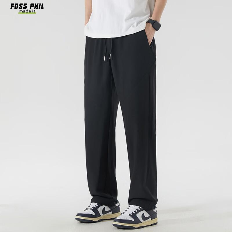 Foss Phil Men's Casual Pants, Spring And Summer Ice Silk Thin Simple Straight Comfortable Cool-Feeling Trousers, 008 Black L