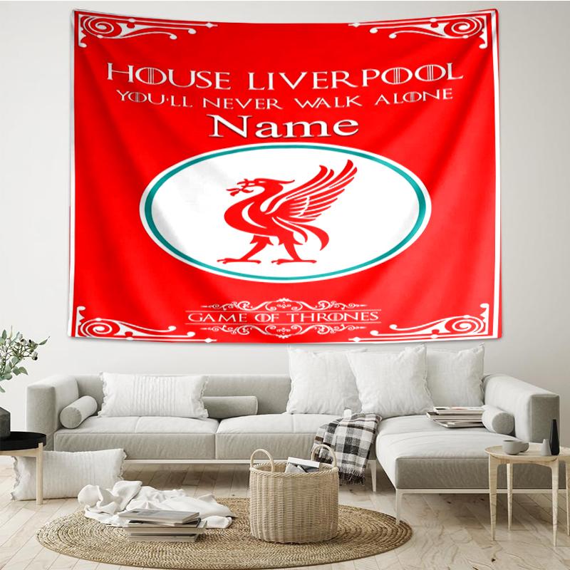 Custom Name Liverpool Football Club Print Tapestry, Backdrop, Easy Setup, Ideal for Bedroom, Office & Living Room, with Aesthetic Wall Hanging Decor.