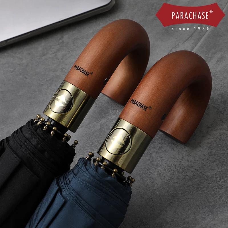 Parachase High-End Wooden Handle Curved Handle Fully Automatic Umbrella, Sturdy Ten-Rib Double Umbrella, Men's Business Wind-Resistant Umbrella