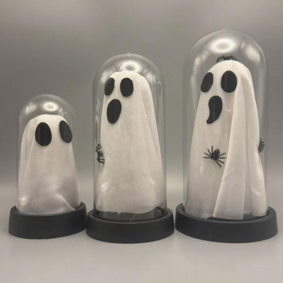 Halloween Ghost Decoration Lighted Ghost In Glass Dome Cloche Cute White Ghost with LED Light for Home Kitchen Mantel Tabletop Decor