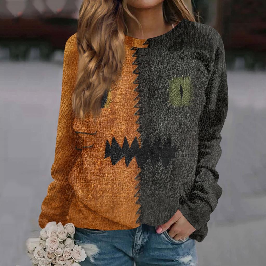Women's Casual Long Sleeve Neck Halloween Print Sweatshirt Top
