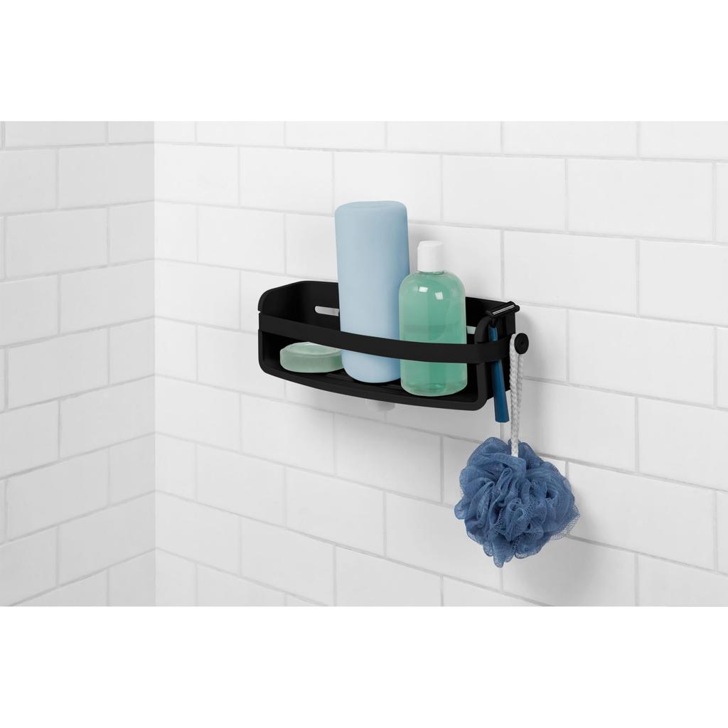 Umbra Bathroom Storage Flex Gellock Corner Bathroom Rack for and with Strong Suction Black Bin, Shampoo, Soap, Bottles, Sponges, Cups,