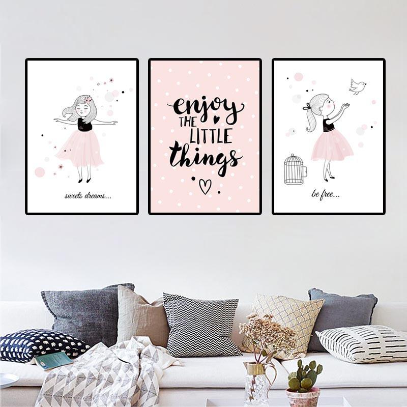 Nordic Cartoon Pink Bird for Girls Kids Canvas Painting Kindergarten Oil Painting Wall Pictures for Living Room Home Decoration