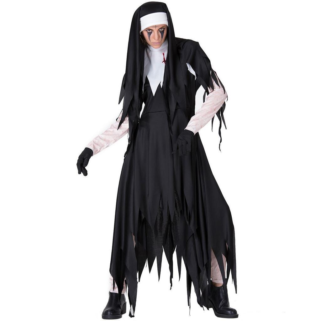 Halloween zombie nun costume, vampire horror bloody grim reaper cross serrated nun skirt