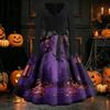 Women's Casual Long Sleeve V Neck Dress Vintage Style Halloween Pumpkin Print Flared Skirt Midi Dress with Waist Tie
