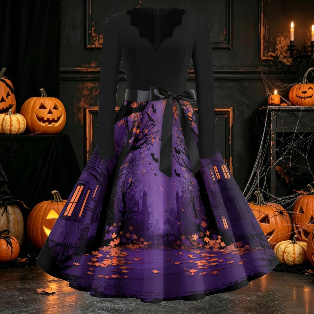 Women's Casual Long Sleeve V Neck Dress Vintage Style Halloween Pumpkin Print Flared Skirt Midi Dress with Waist Tie