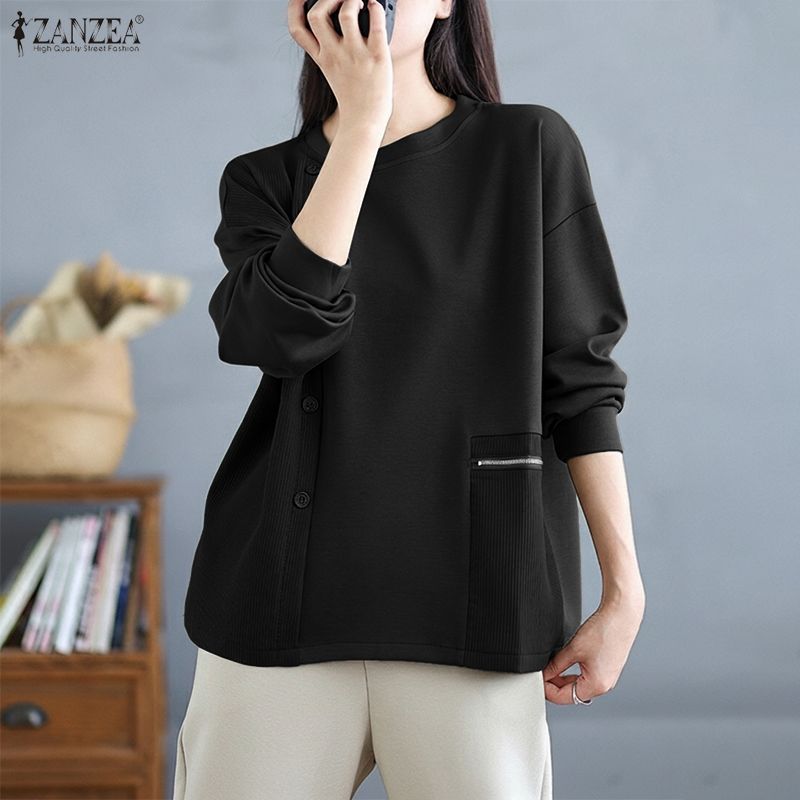 ZANZEA Women Casual Round Neck Long Sleeve Loose Thin Pullover Sweatshirts