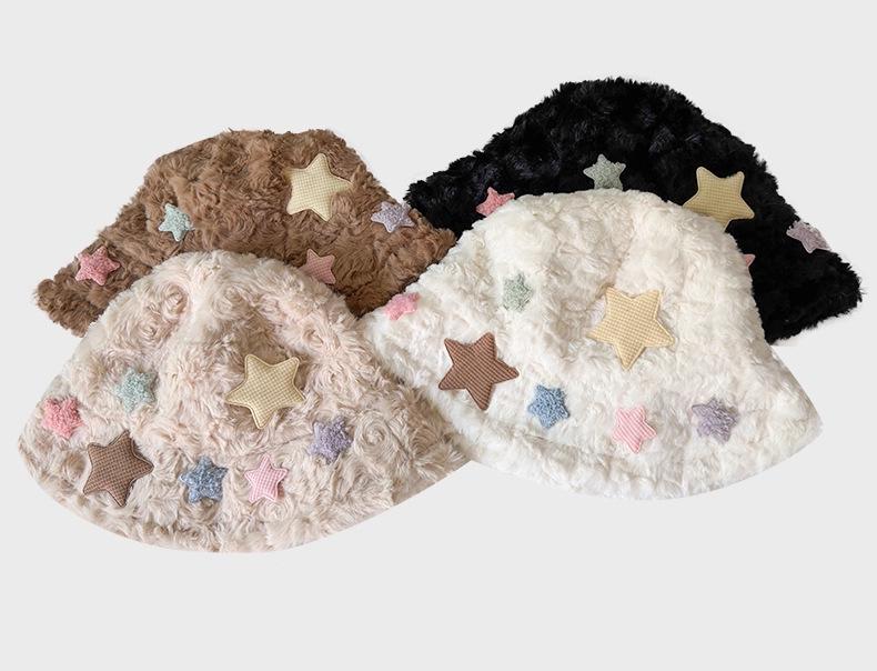 New Arrival: Women's White Star Plush Fisherman Hat - Japanese Style Winter Accessory