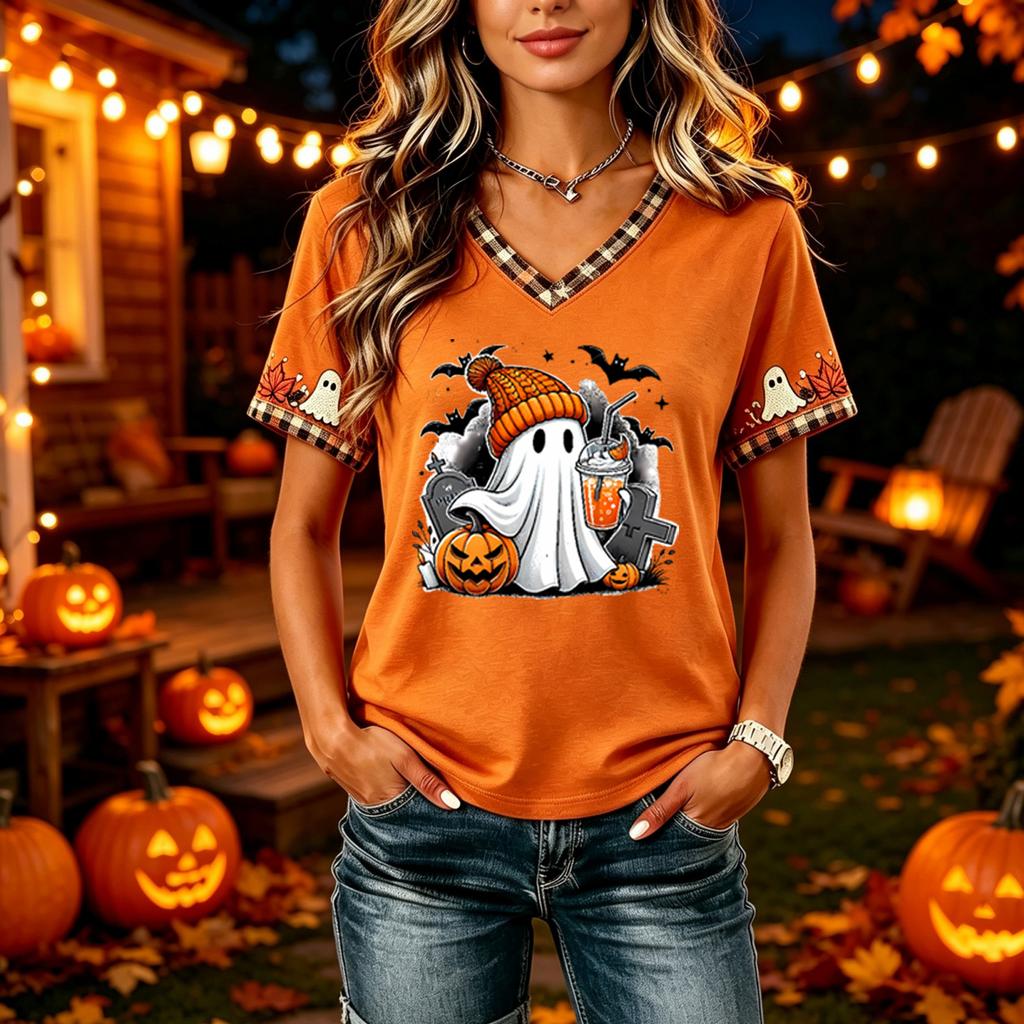 Tricouri Femei Halloween cu Decolteu în V Top cu Dovleac Tricou Casual Top pentru Petrecere de Sărbătoare