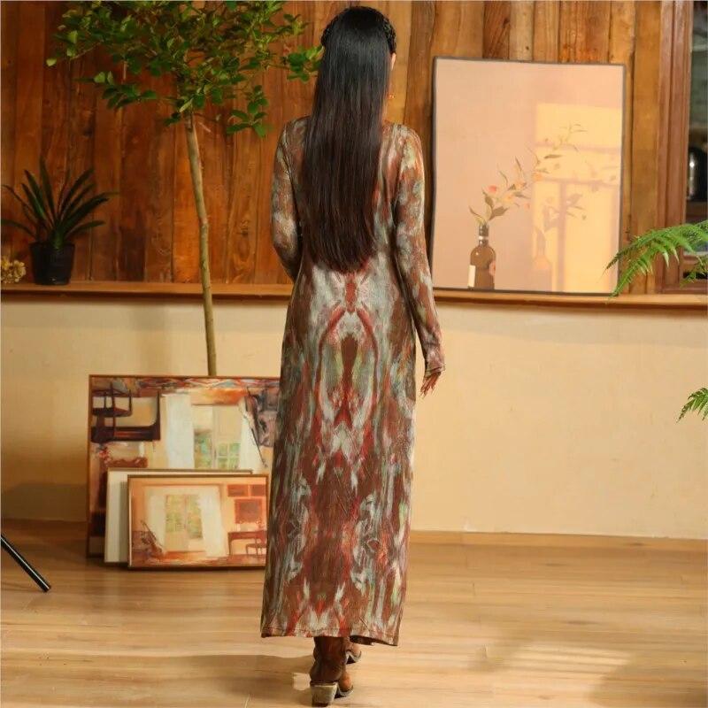 Johnature Femeie Primavara Casual Imprimeu Abstract Maneci Lungi Rochie Guler Patrat Rochie A-Line Stil Vintage