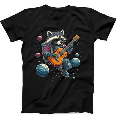 Raccoon Playing Guitar In Space Best Seller Funny Gift Black Tee T Shirt 317