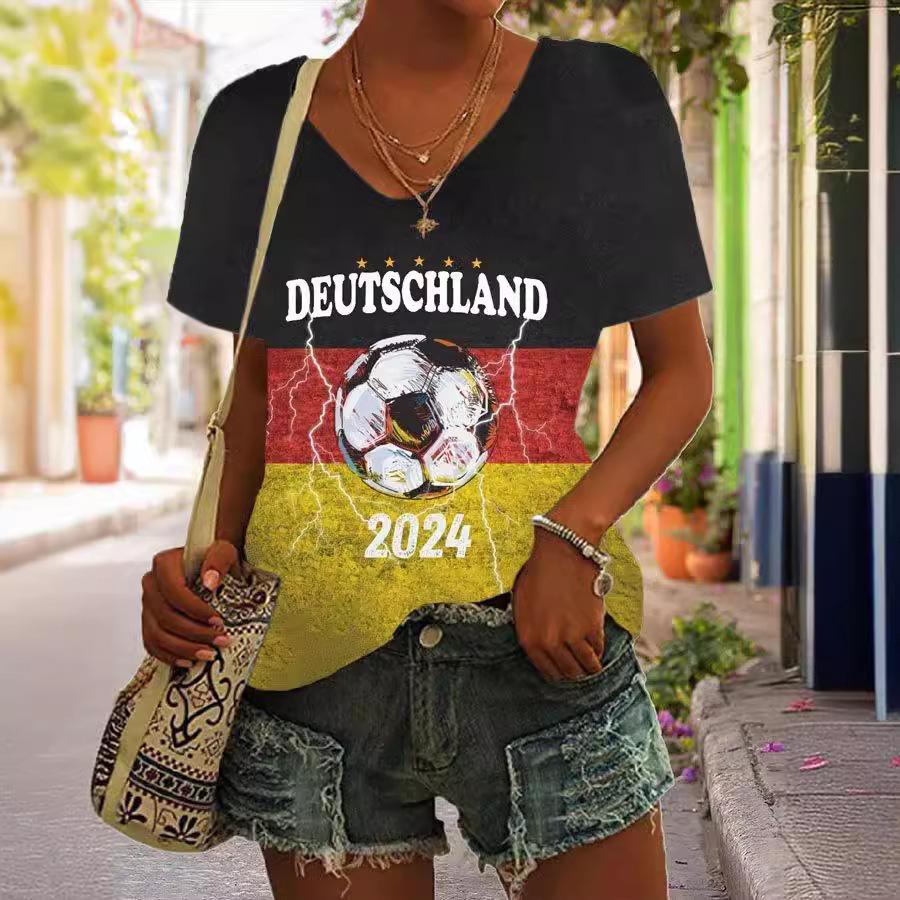 New Loose Casual Summer Short Sleeved V-neck 3D Printed Top T-shirt