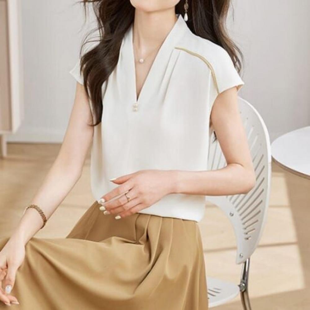 NaVaVa Women Vintage Pearl Point V Neck Cap sleeVe Blouse Nb2718