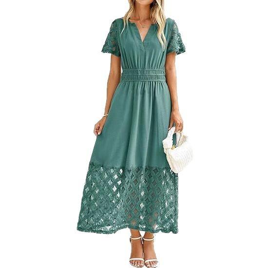 

Елегантна сукня з V-подібним вирізом, короткими рукавами та квітковим мереживом для жінок, з акцентом на талії XXXL