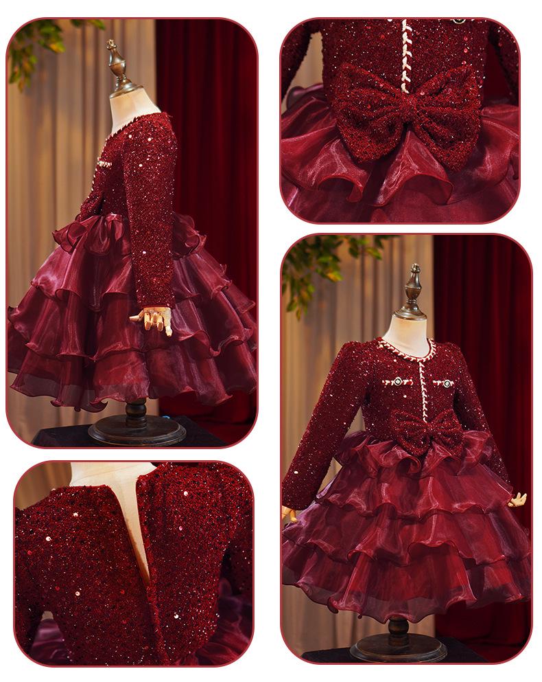 Girls' Wine Red Sequin Skirt with Bow & Tulle - Autumn/Winter Formal Christmas Dress