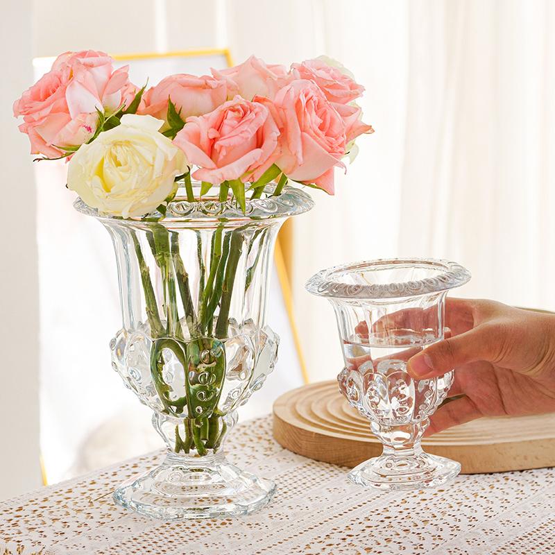 High-grade Transparent Glass Vase Ornaments French Retro Relief Feng Shui Culture Flowers Living Room Flower Arrangement