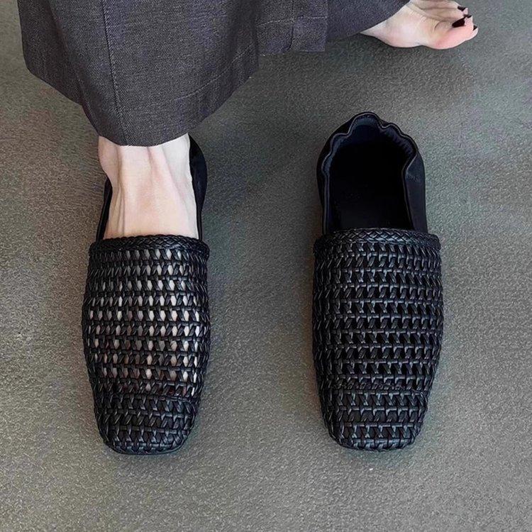 Ladies Slippers Flat Bottom Outside Woven Hollow Bag Head Half Slippers Women's Summer Flat Bottom Square Head Fashion Sandals