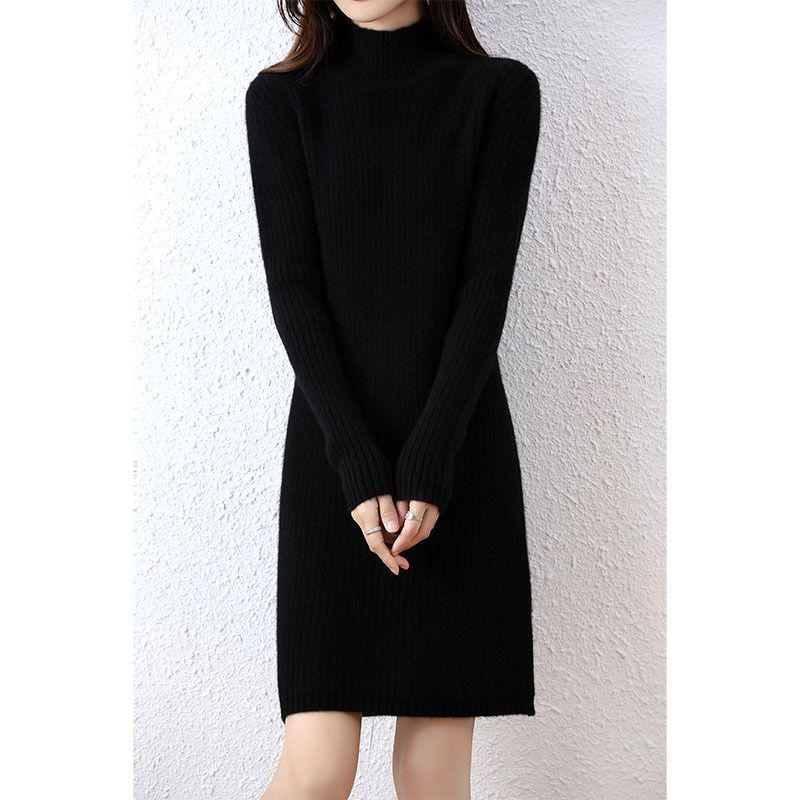 

Women s Petite Wool Knit Dress - Autumn/Winter Slimming Mid-Length with Half-High Neck. L (Recommended for 110-125 jin)