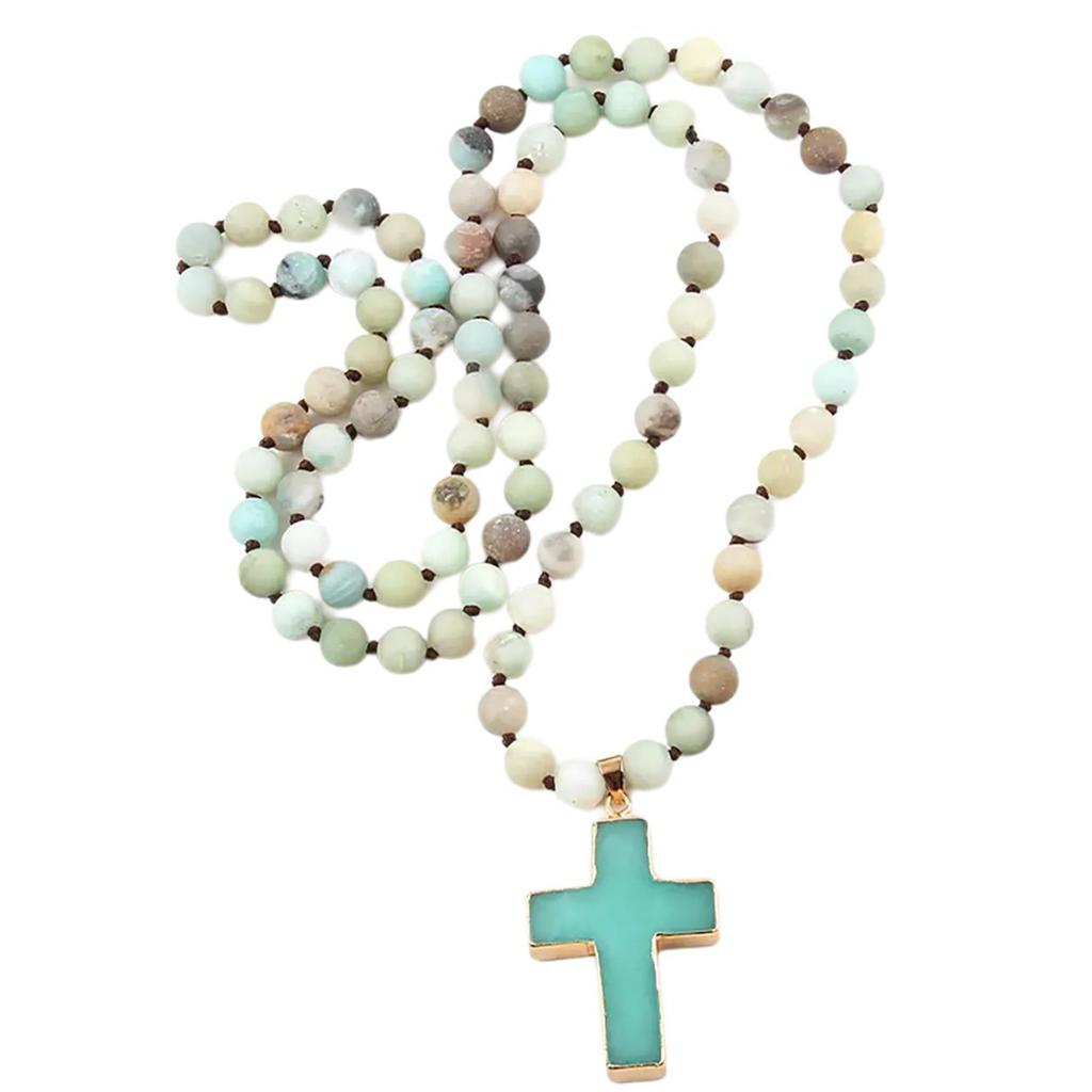 Ethnische Stil Schlüsselbein Kette 8mm Mattierter Natürlicher Stein Kruzifix Anhänger Halskette Verstellbare Länge Halskette für Damen