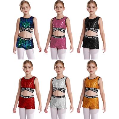 Kinder Mädchen Glitzernde Pailletten Tanzkleidung Set Ärmellos Über Kreuz Träger Crop Top mit Shorts