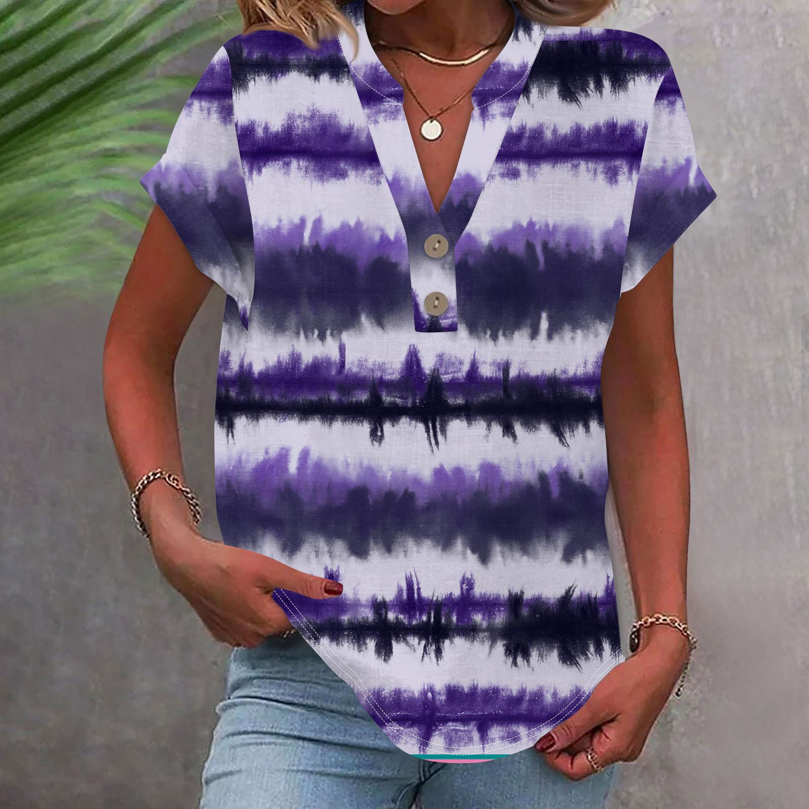 

Женская модная повседневная рубашка с v-образным вырезом и коротким рукавом с принтом, футболка на пуговицах, топ M фиолетовый