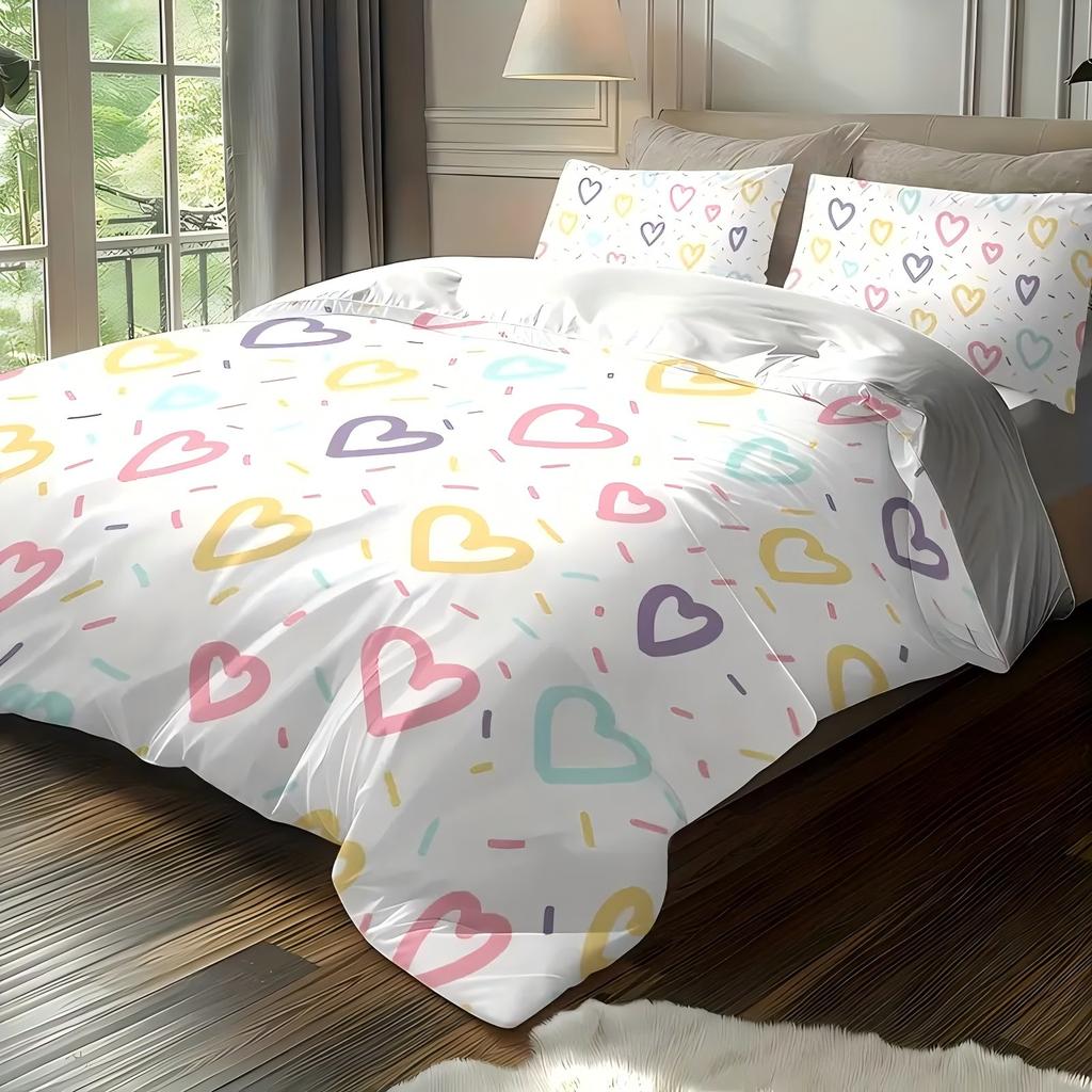 Colored Heart Shape Pattern 3D Printed Bedding Set Simple Style Duvet Cover Set Soft Comfortable Home Polyester Quilt Cover Set