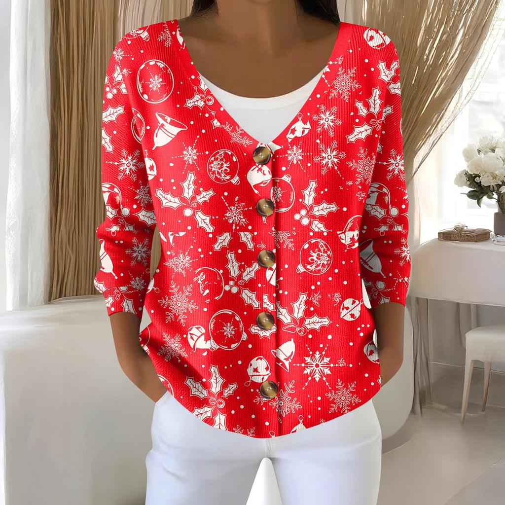 Damemote Langermet Christmas Snowman Snowflake Print Jakke Cardigan