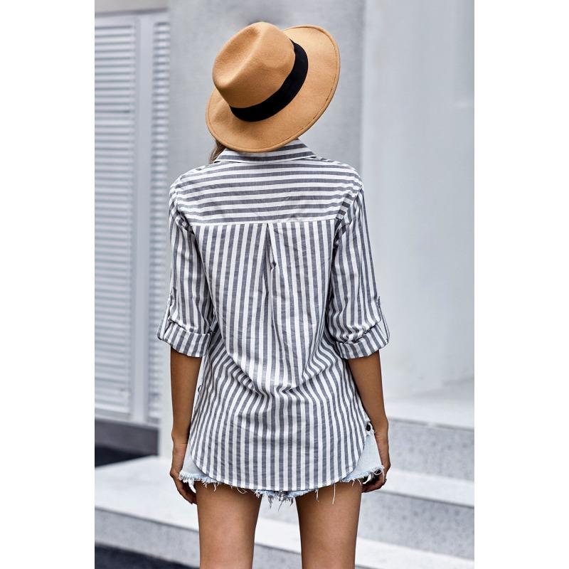 Women Striped Button Down Shirt Casual Loose Pocket Blouse Long Sleeve Top