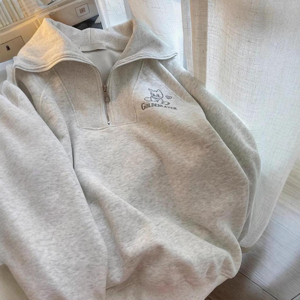 Women's Retro Turn-Down Collar Zipper Hoodie - Spring/Autumn Loose Lazy Style Pullover Top