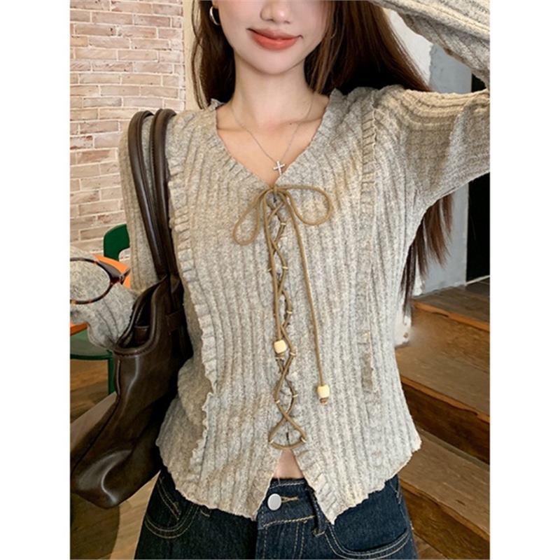 

Женский осенний ретро вязаный свитер с V-образным вырезом и длинными рукавами на шнуровке Large хаки