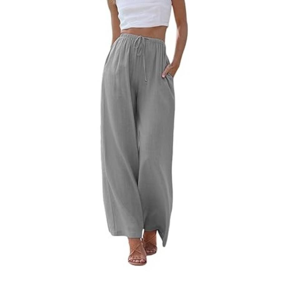Pantaloni di grandi dimensioni da donna in cotone e lino, pantaloni larghi con elastico in vita, casual, con coulisse e tasche, a gamba larga