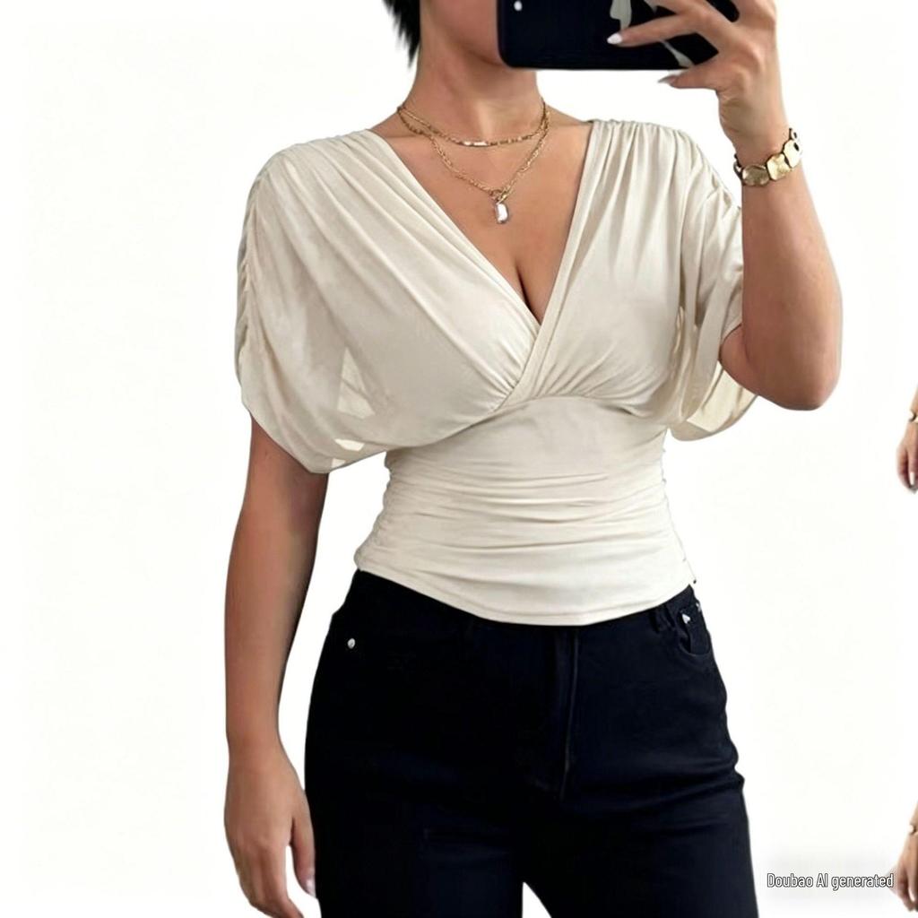 2026 Women's V-Neck Puff Sleeve Fitted Waist Fashion Top