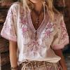 Shirt Embroidery Flower Pattern V-neck Short Sleeve Dropped Shoulder Shirt Tops A-Line Loose Fit Soft