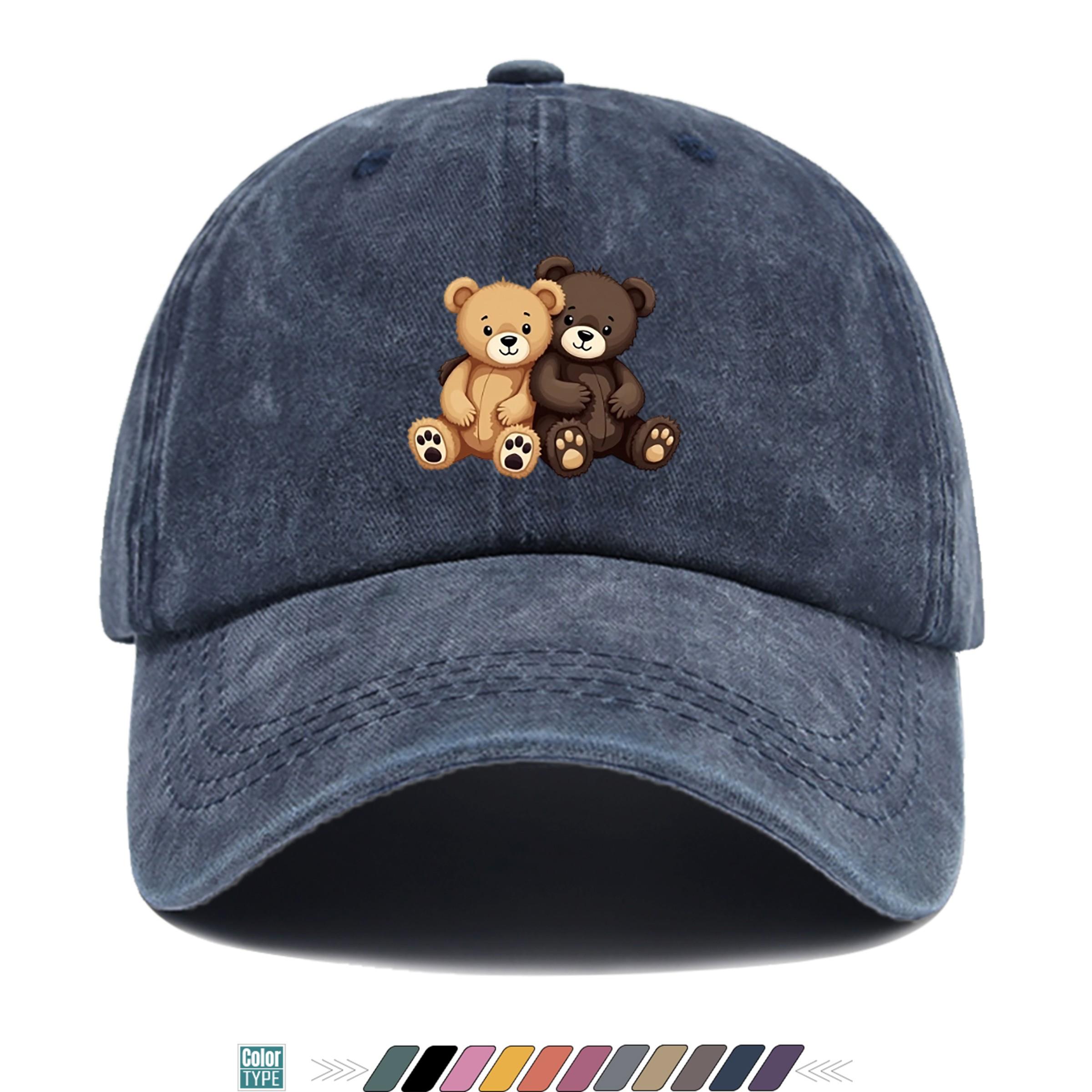 Bear Couple Graphic Washed Denim Baseball Cap Adjustable Outdoor Dad Hat One Size