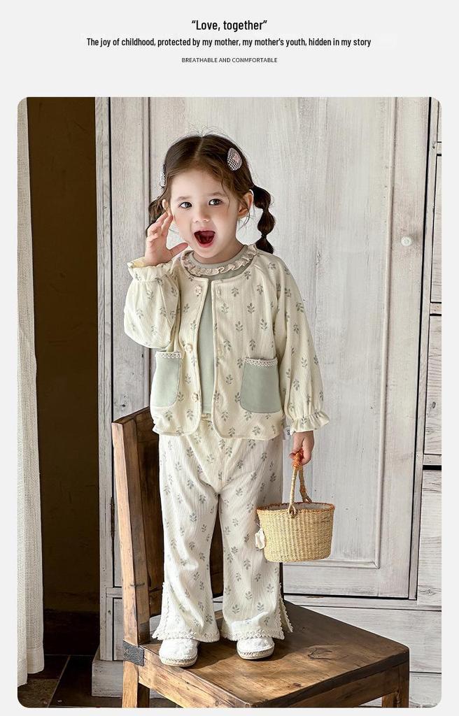 Spring 2026 Baby Girl Three-Piece Set: Flare Pants, Printed Top, and Jacket