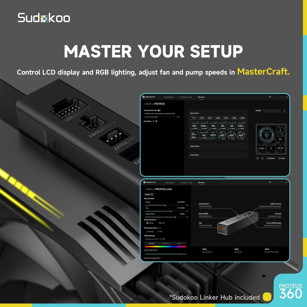 Sudokoo Proteus 360 Liquid CPU Cooler: 360mm AIO LCD CPU Cooler with Customizable 3.4-inch Digital Display - 30mm Thick Fan Water Cooling System