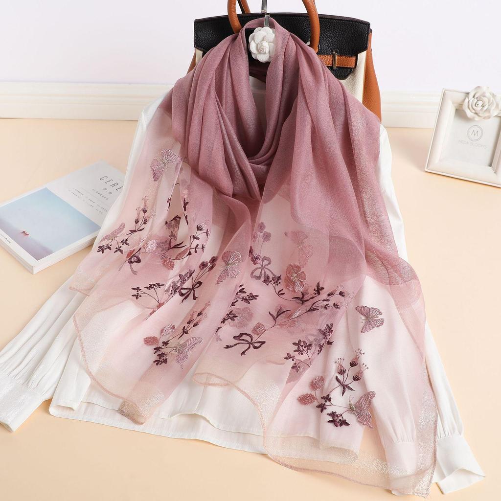 Autumn And Winter Simulated Silk Sunscreen Embroidery Long Silk Scarf Temperament Versatile Shawl Warm Embroidery Scarf Women